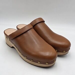 J Crew Shoes Women 10 Brown Leather Convertible Clog Mule Studded Wood Platform
